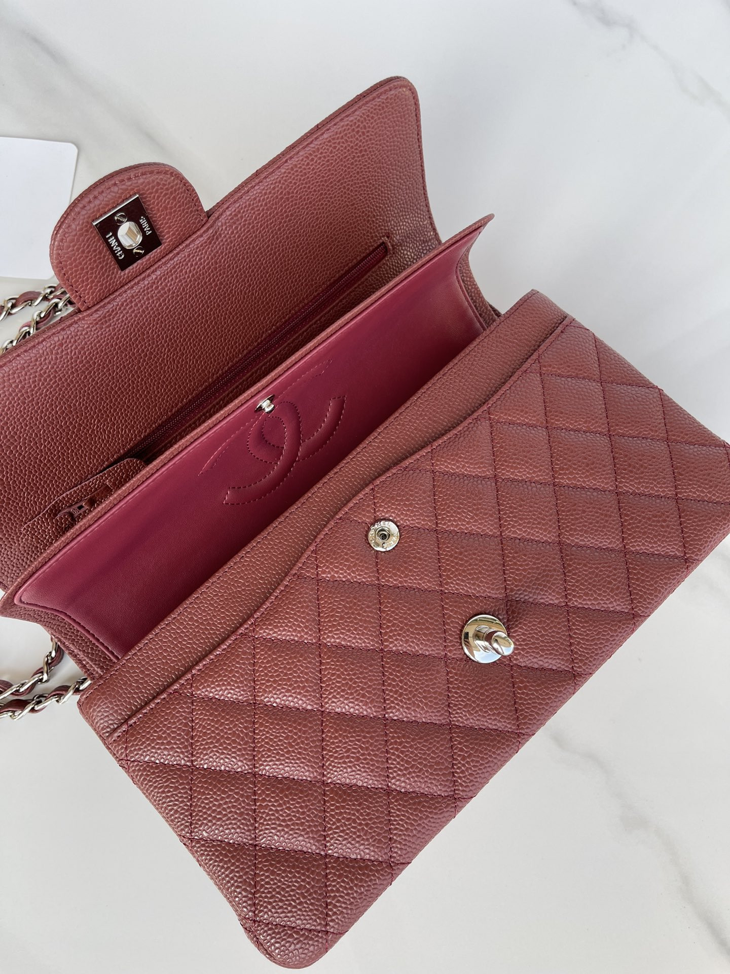 Ch*el classic handbag silver-tone metal 6 × 9.9 × 2.5 in