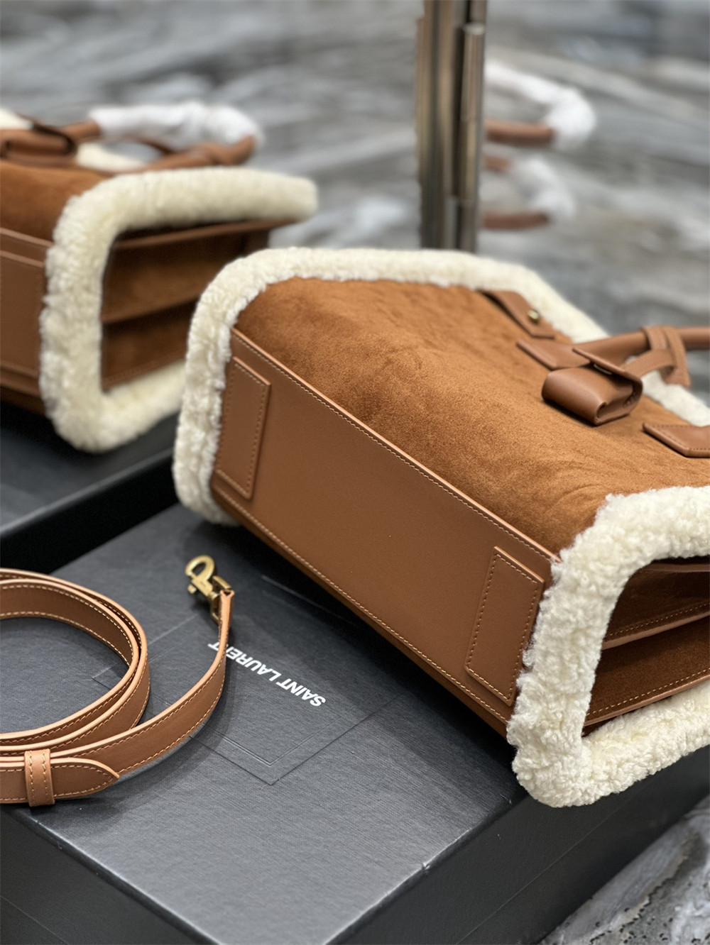 y*l sac de jour S*pple nano in suede and shearling dark cigar and natural beige