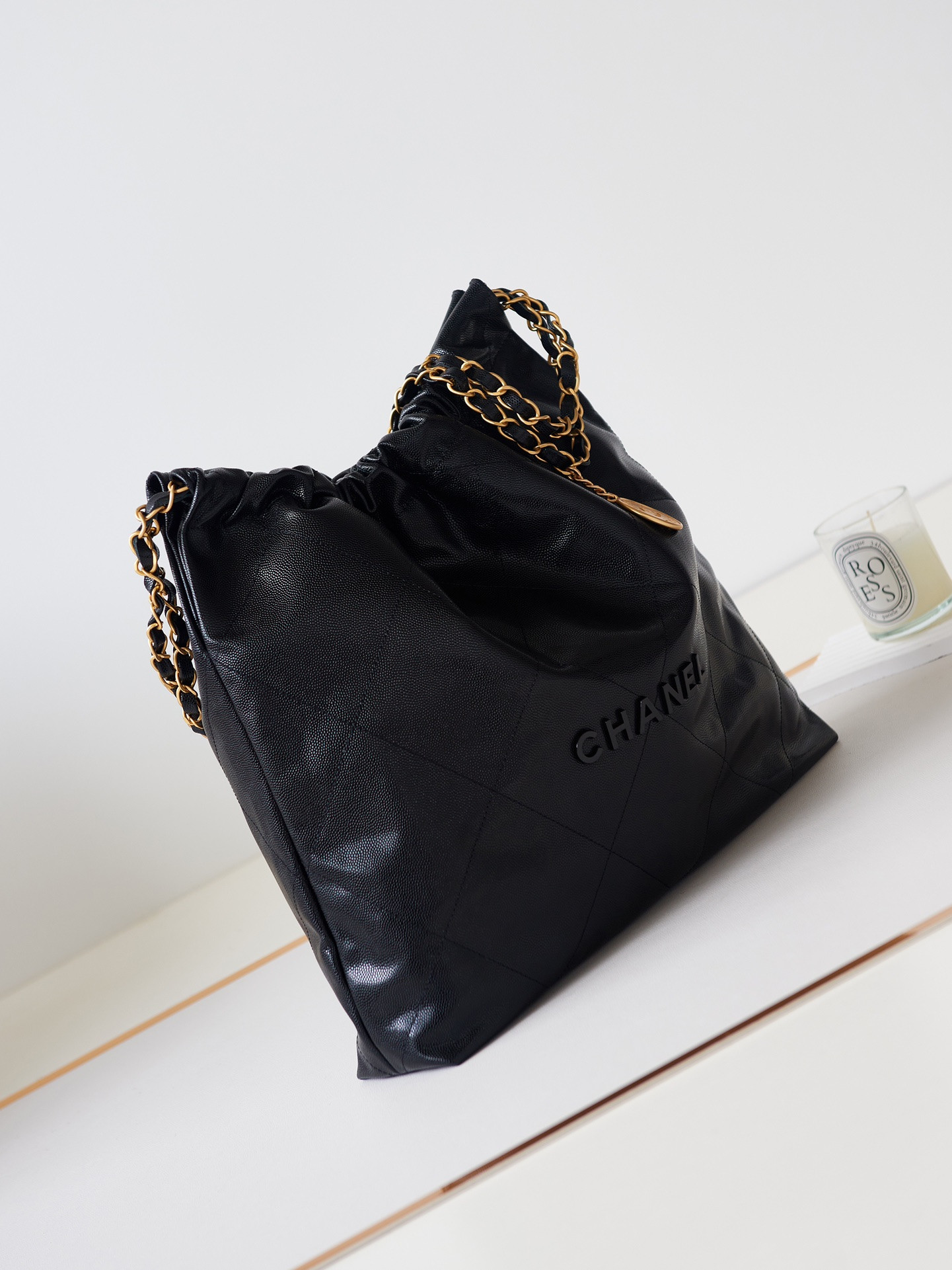 Ch*el 22 handbag shiny calfskin black 15.2×16.4×3.1 in