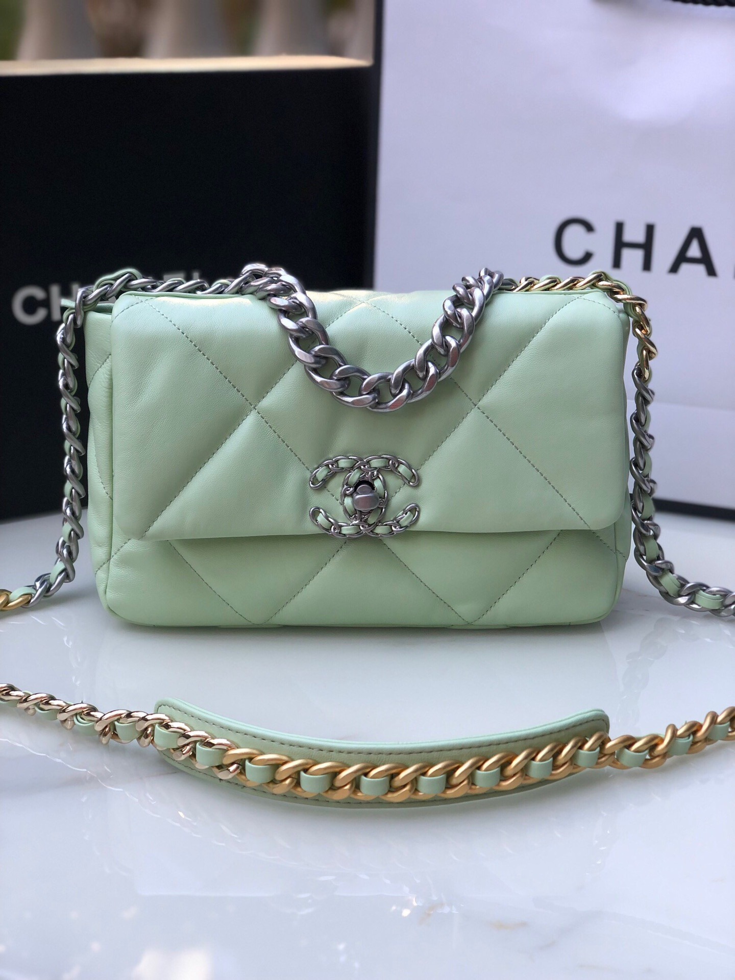 Ch*el 19 handbag shiny leather, gold-tone, silver-tone & ruthenium-finish metal green 6.2 × 10.1 × 3.5 in