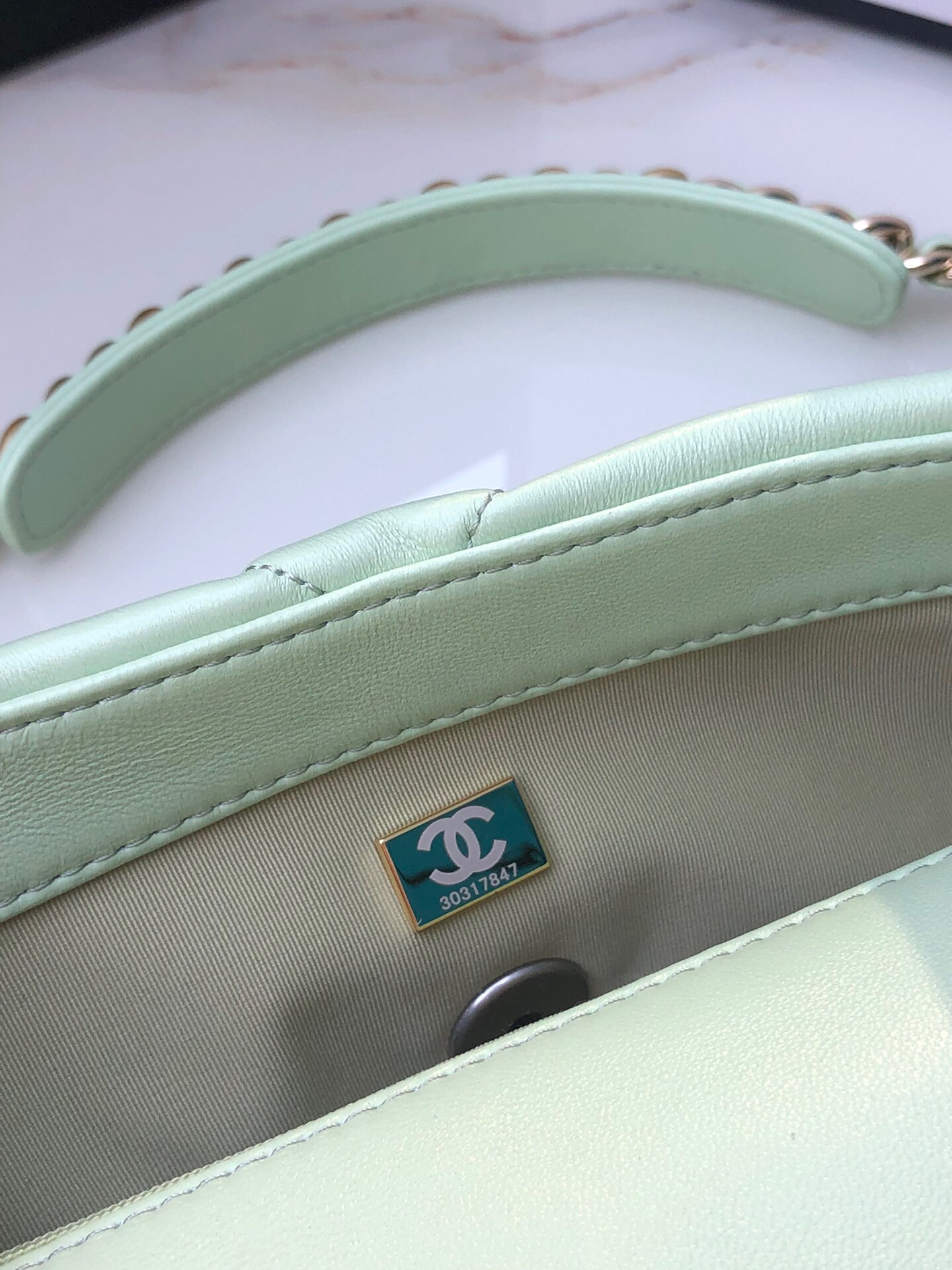 Ch*el 19 handbag shiny leather, gold-tone, silver-tone & ruthenium-finish metal green 6.2 × 10.1 × 3.5 in