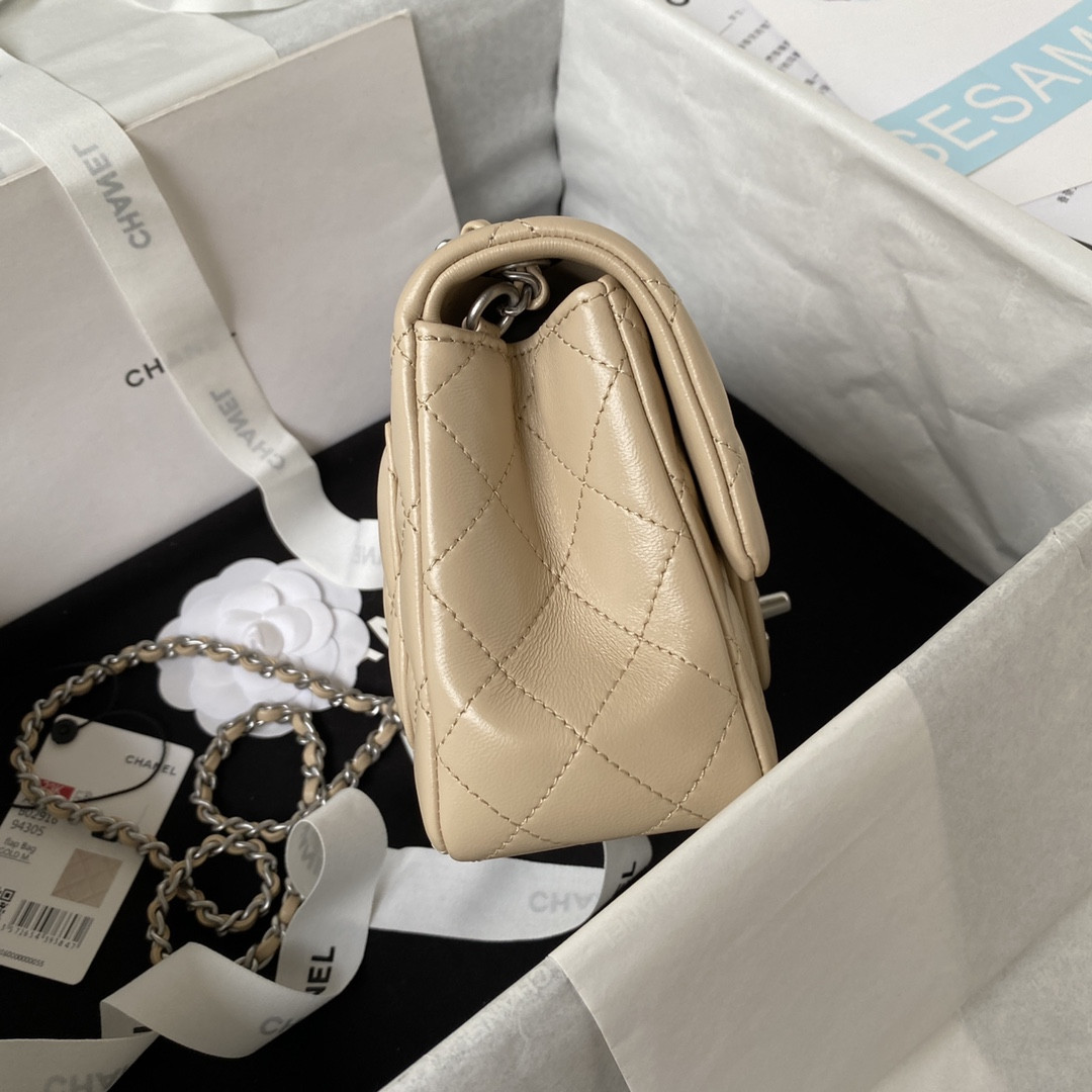 Ch*el mini flap bag shiny calfskin & silver-tone metal coffee 5.3 × 6.6 × 3.1 in