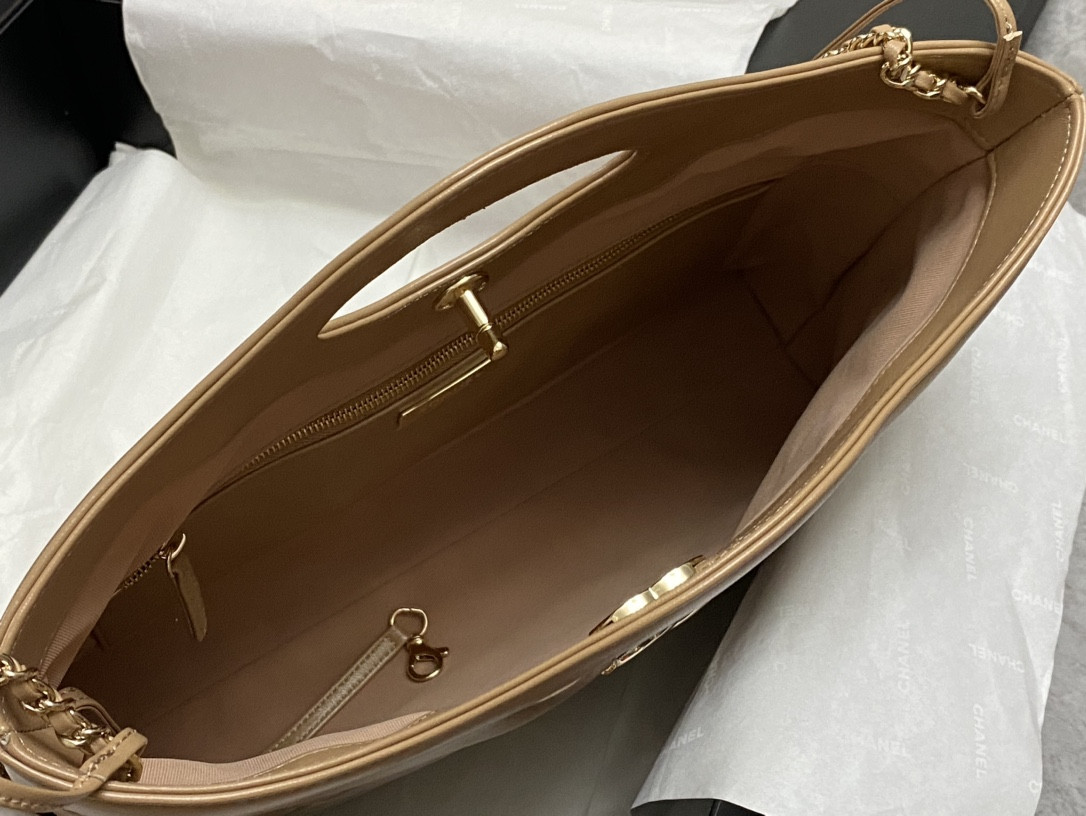 Ch*el shopping bag shiny lambskin & gold-tone metal 11.7 × 14 × 3.5 in